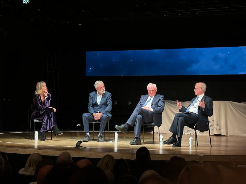 Broadcaster Claire Byrne hosted a post-show discussion with former Sinn Féin leader Gerry Adams, former Taoiseach Bertie Ahern and former unionist politician Reg Empey after the performance of the play, The Agreement, about the negotiations leading to the 1998 Belfast Agreement, at The Gate theatre on October 18. Photograph: Simon Carswell