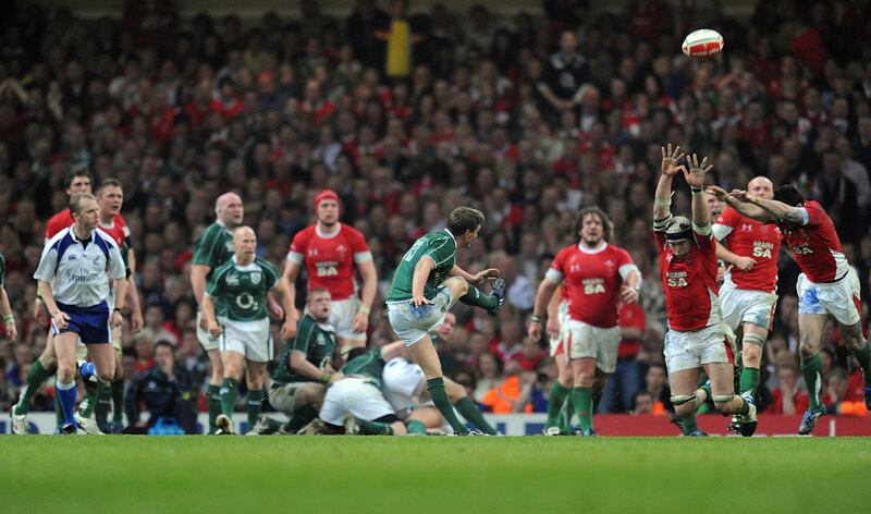 Ronan O'Gara drops a goal to seal a dramatic win over Wales and the Grand Slam in Cardiff in 2009. Photograph: Paul Ellis/AFP via Getty Images