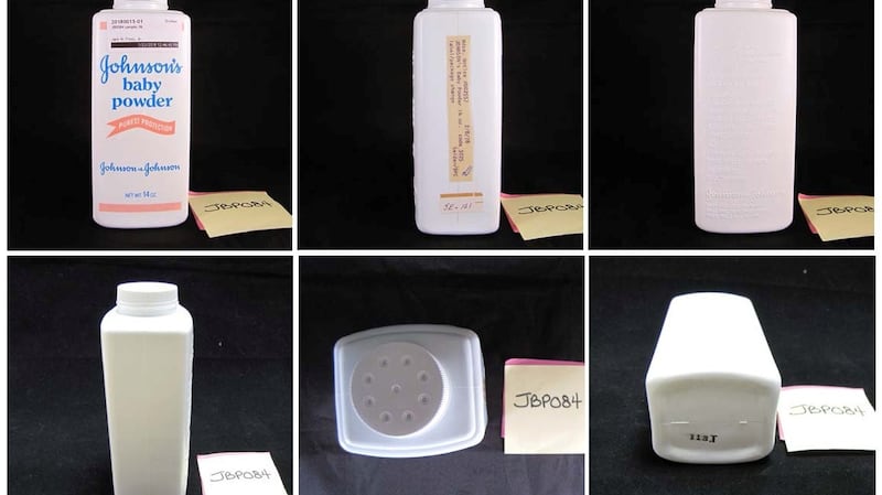 A combination of handout photographs used in a report analyzing a sample of Johnson’s Baby Powder from 1978, entered in court as a plaintiff’s exhibit in a case against Johnson&Johnson