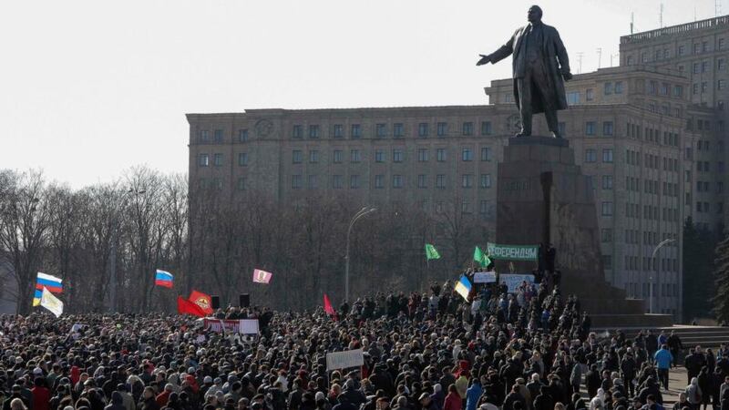 Pro-Russian demonstrators taking part in a rally in front of a statue of  Vladimir Lenin in central Kharkiv last week. Photograph: Reuters