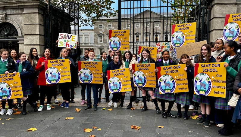 Parents and students at Eriu Community College in Ongar protest over plans to permanently relocate the school more than 8km away. Photograph: Carl O'Brien