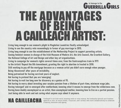 Na Cailleacha's version of the 1988 poster (The Advantages of Being a Woman Artist) by the Guerrilla Girls.