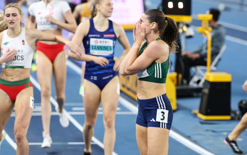 O’Connor reacts after winning the silver medal in the Women’s Pentathlon. Photograph: Nikola Krstic/Inpho