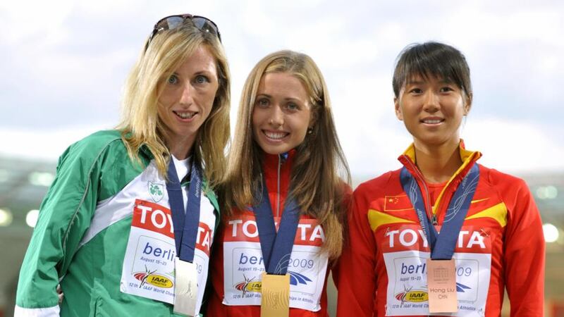 Olive Loughnane shares the podium with  Russia’s Olga Kaniskina and China’s Hong Liu in 2009. The Russian was later stripped of her gold medal. Photograph: Getty Images)