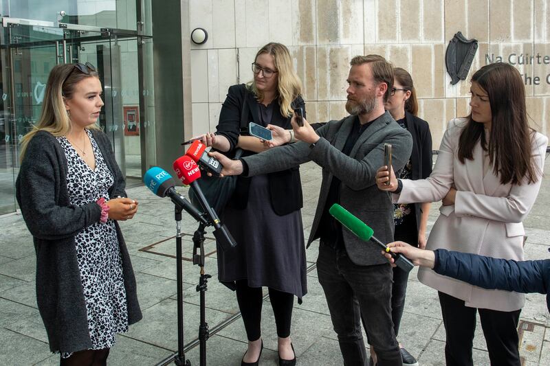 Aoife Farrelly speaks to media outside the Central Criminal Court after her brother's sentence hearing. Photograph: Collins Courts