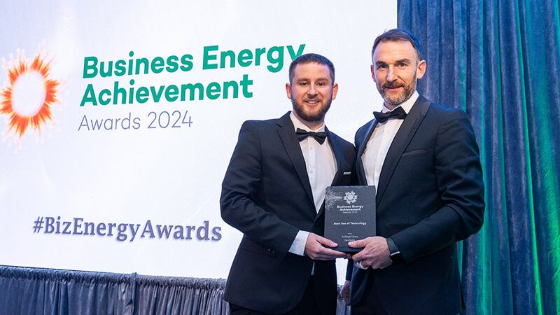 Adam Kane, community lead at BusinessRiver, presents the best use of technology award to Ken McGrath, Ashleigh Farms