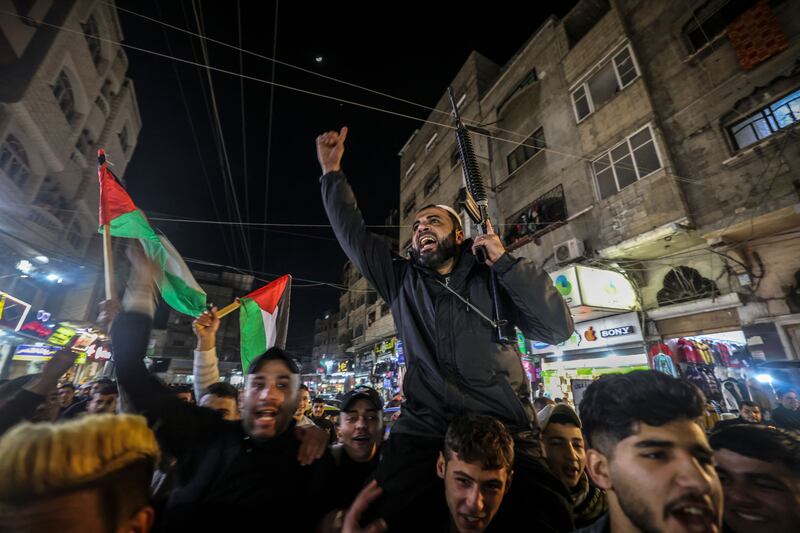 A demonstration in the Jabalia refugee camp in the Gaza Strip on Thursday following an Israeli raid on the Jenin refugee camp in the occupied West Bank that killed nine Palestinians. Photograph:  Mohammed Abed/Getty 