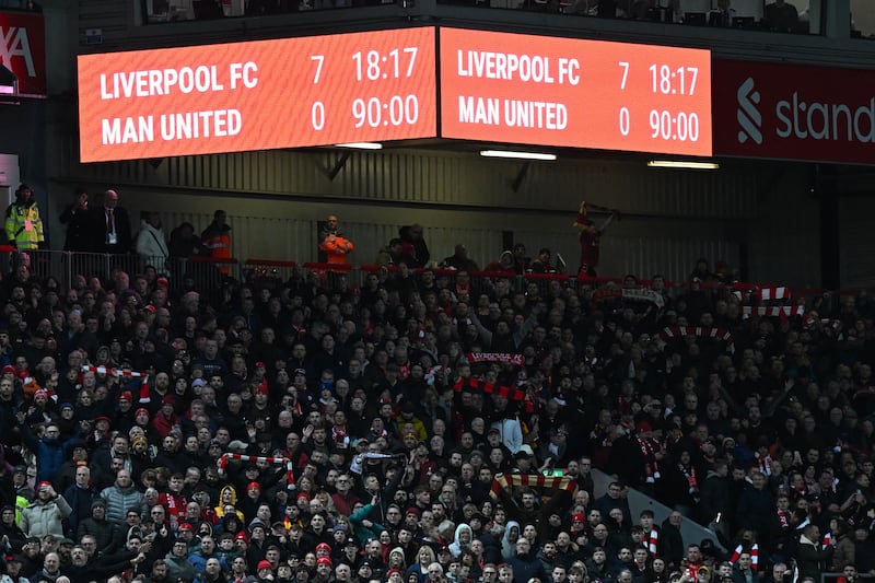 The scoreboard shows that Liverpool inflicted the joint-heaviest defeat in Manchester United's history. Photograph: Paul Ellis/AFP via Getty