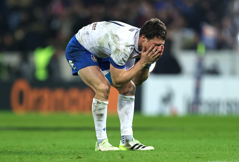 Italy's Paolo Garbisi after missing a last minute, match winning penalty against France in last year's Six Nations. Photograph: David Rogers/Getty Images