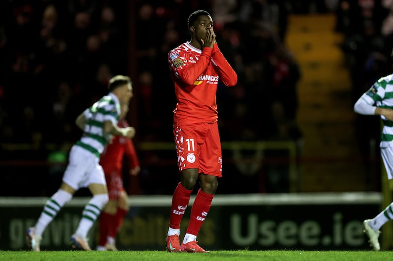 Shelbourne's Mipo Odubeko reacts to a missed chance. Photograph: Laszlo Geczo/Inpho