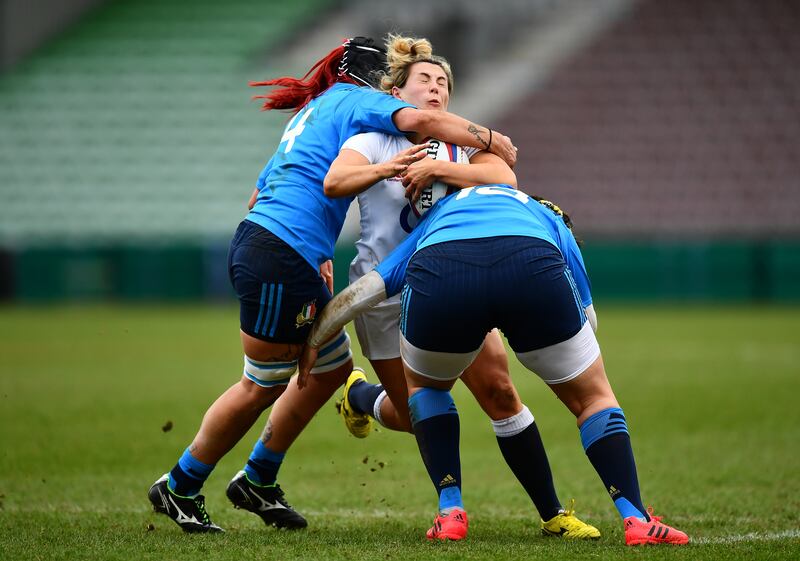 Vicky Fleetwood of England is tackled high during a Six Nations match against Italy in 2017. Photograph: Dan Mullan/Getty Images