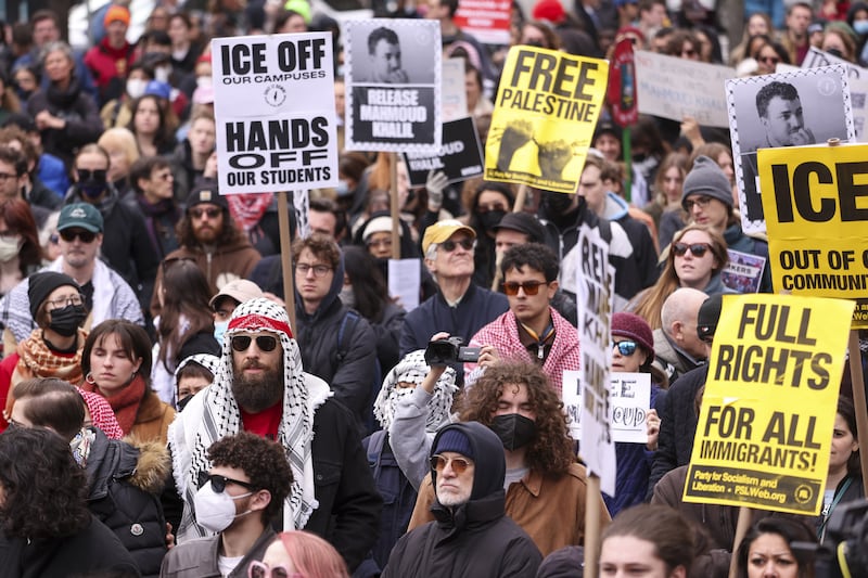 People gathered in Foley Square, Manhattan, on Wednesday to protest the arrest of Mahmoud Khalil. Photograph: Sarah Yenesel/EPA