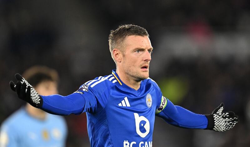 Leicester City's Jamie Vardy during the game at The King Power Stadium. Photograph: Michael Regan/Getty Images