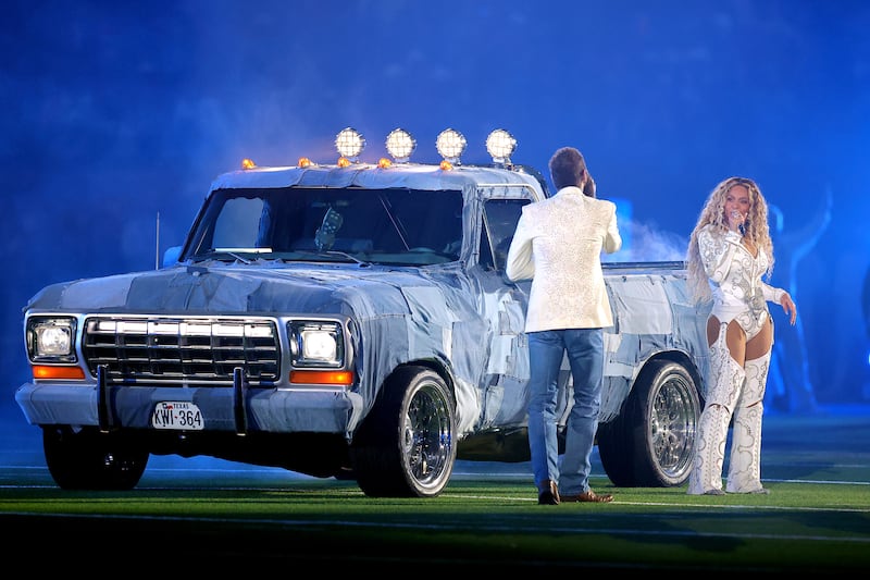 Post Malone and Beyoncé perform during the half-time show for the game between the Baltimore Ravens and the Houston Texans. Photograph: Alex Slitz/Getty Images