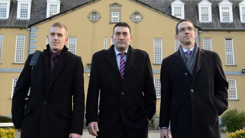 Micheal Kivlehan, Sean Rowlette and solicitor Roger Murray at the HSE Headquraters to meet with Minister for Health Leo Varadkar. Photograph: Cyril Byrne