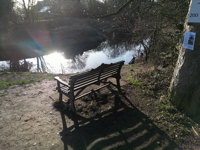 The bench where the phone of missing Nicola Bulley was found on the banks of the River Wyre. Photograph: Christopher Furlong/Getty Images