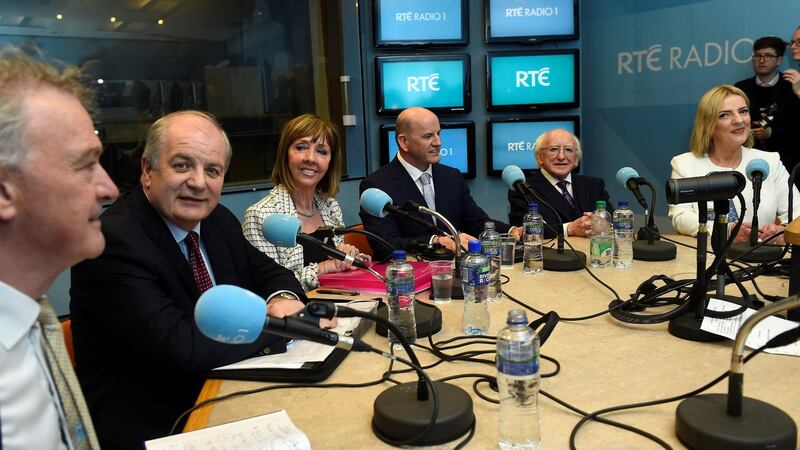 Presidential candidates Peter Casey, Gavin Duffy, Joan Freeman, Seán Gallagher, incumbent Michael D Higgins and Liadh Ní Riada in studio for a debate on RTÉ Radio 1 in Dublin. Photograph: Clodagh Kilcoyne/Reuters