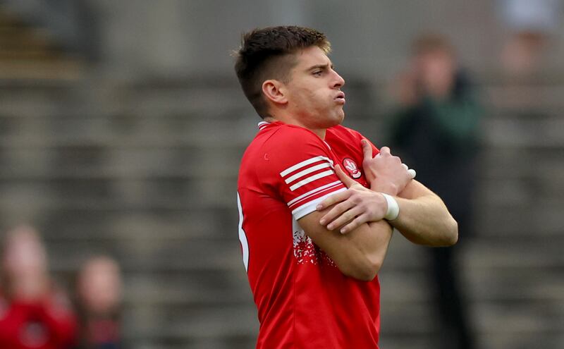 Derry’s Conor Doherty celebrates scoring the winning penalty against Mayo. Photograph: James Crombie/Inpho