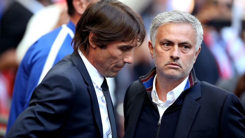 Chelsea manager Antonio Conte and Manchester United manager Jose Mourinho at Wembley Stadium. Photograph: PA