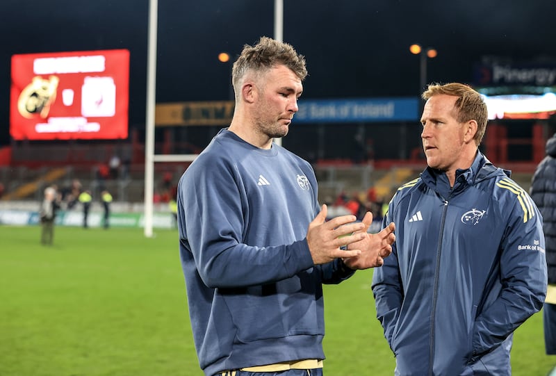 Munster's Peter O'Mahony and attack coach Mike Prendergast. Photograph: Dan Sheridan/Inpho