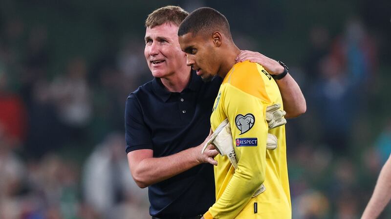 Stephen Kenny after the game with Gavin Bazunu. Photo: Morgan Treacy/Inpho