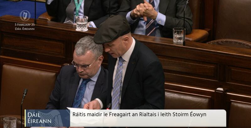 Minister of State for Forestry Michael Healy-Rae reading a statement in the Dáil. Photograph: Oireachtas TV