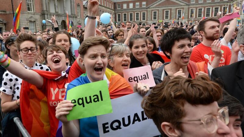 Crowds react on hearing the results of the referendum on marriage equality. Photograph: Dara Mac Dónaill