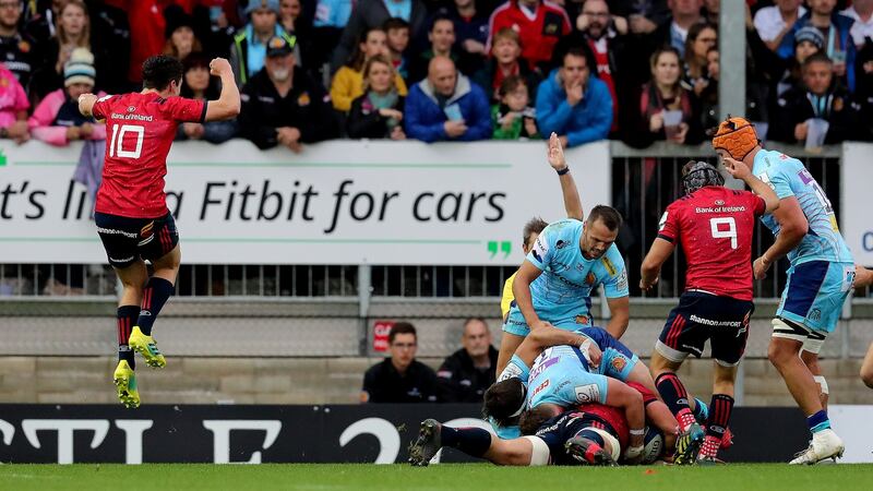 Munster’s CJ Stander scores a try as Joey Carbery celebrates during their draw with Exeter. Photo: Billy Stickland/Inpho