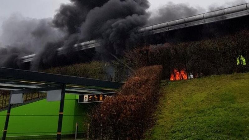 Fire  outside Stansted Airport, in London, on Friday. Photograph: @Thebestofsteveb/Reuters