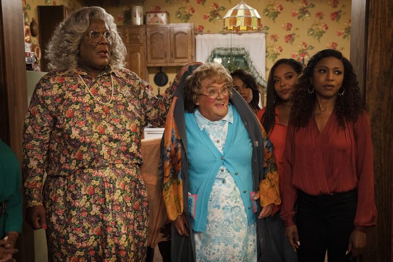 A Madea Homecoming: Tyler Perry as Madea, Brendan O’Carroll as Agnes Brown, Geneva Maccarone as Sylvia, Candace Maxwell as Ellie, and Gabrielle Dennis as Laura. Photograph: Steve Dietl/Tyler Perry Studios