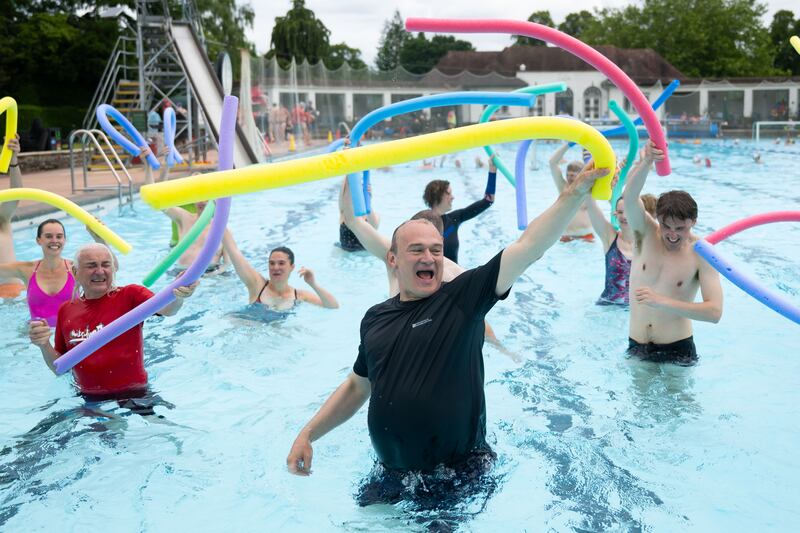 Davey takes part in a water aerobics class as he visits Sandford Parks Lido in Cheltenham during campaigning for the British general election on June 30th. Photograph: Matthew Horwood/Getty Images