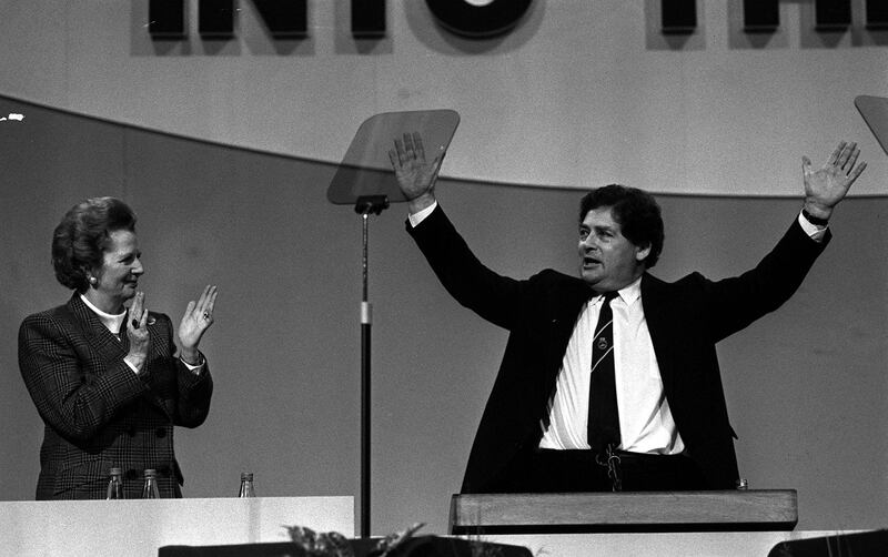 Nigel Lawson, applauded by prime minister Margaret Thatcher, at the end of his speech during the Conservative Party's annual conference in Brighton in 1988