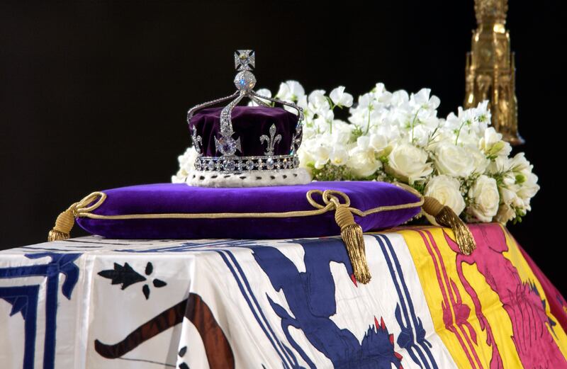 The Queen Mother's coronation coffin, with the Koh-i-noor diamond, sits on her coffin in 2002. Photograph: Corbis via Getty Images