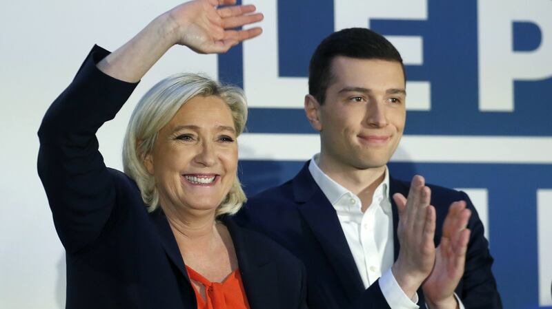 French far-right National Rally leader Marine Le Pen and the head of the party’s list for the European elections, Jordan Bardella, at a campaign meeting in Saint-Ébremond-de-Bonfossé. Photograph: Chesnot/Getty Images