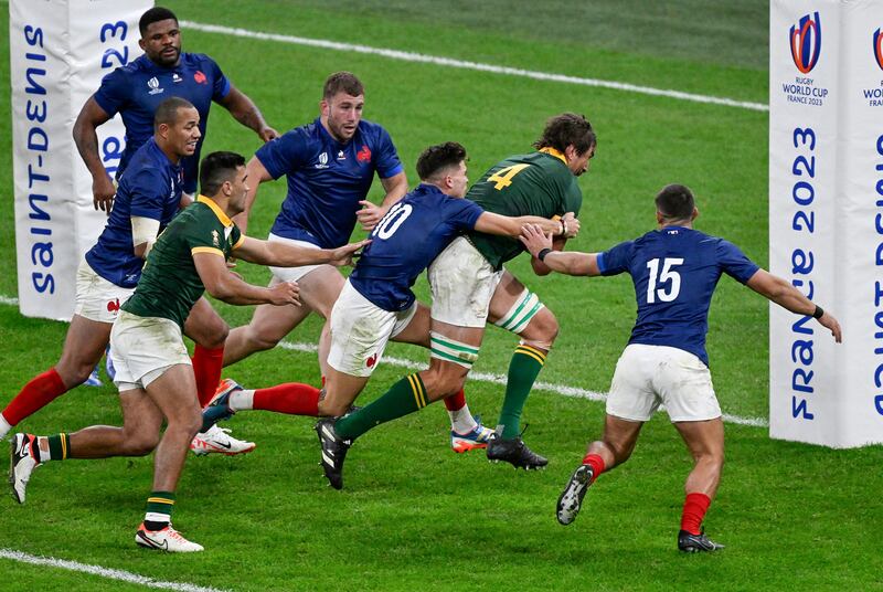 South Africa’s Eben Etzebeth scores a try against France in the 2023 World Cup quarter-final at the Stade de France. Photograph: Andrew Cornaga/Photosport/Inpho