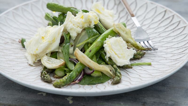 Roasted asparagus and fennel salad with toonsbridge mozzarella. Photograph: Harry Weir Photography