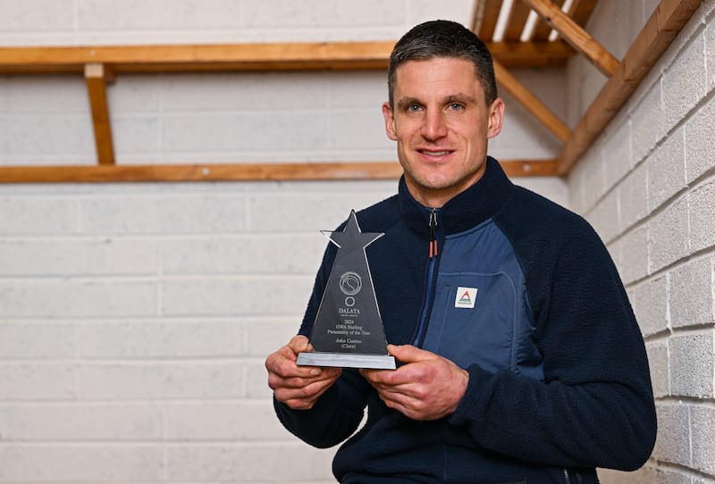 Clare's John Conlon with his Gaelic Writers' Association hurling personality of the year award at the Iveagh Garden Hotel in Dublin. Photograph: Brendan Moran/Sportsfile