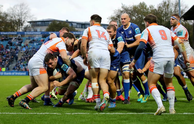 James Culhane scoring a try for Leinster against Edinburgh during last year's URC clash at the RDS, Dublin. Photograph: Ryan Byrne/Inpho 