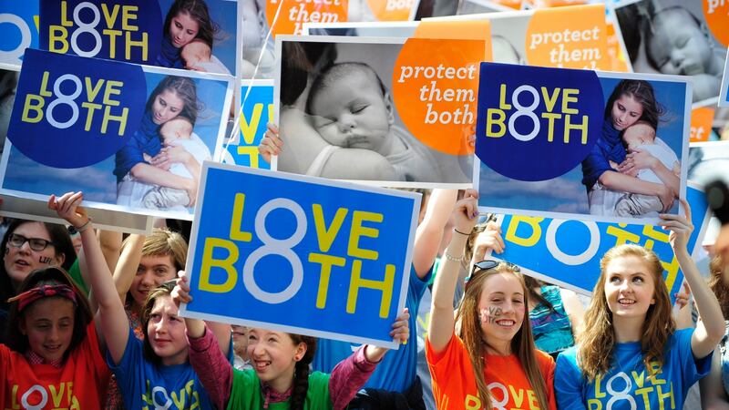 Two participants in Saturday’s rally by the Pro Life Campaign in Dublin. Photograph: Aidan Crawley/The Irish Times.