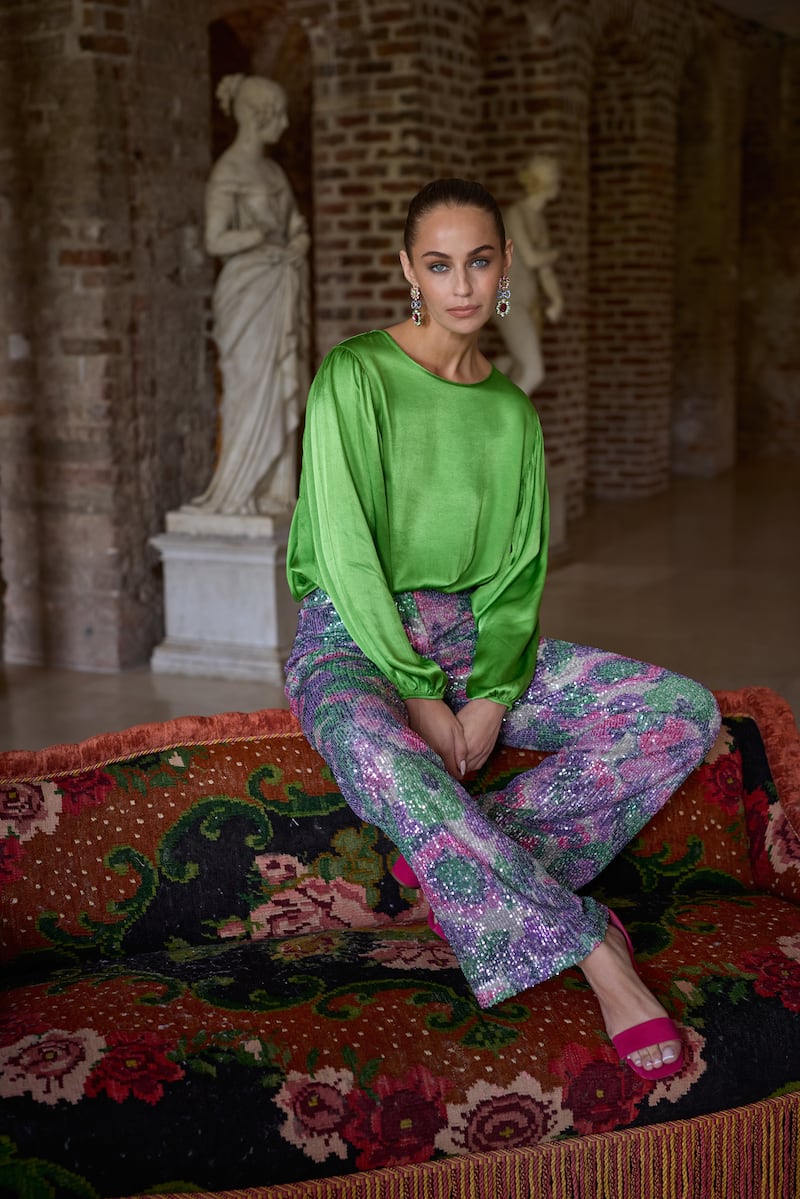 Green silk blouse, €95, and multi-sequin trousers, €105, Avoca. Photograph: Barry McCall