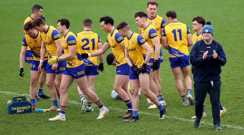 Roscommon manager Davy Burke with his team ahead of their league win over Armagh. Photograph: James Crombie/Inpho