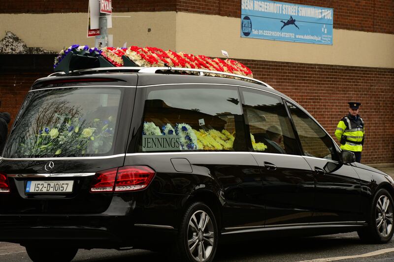 The funeral of Eddie Hutch Snr leaving the Church of Our Lady of Lourdes on Sean Mc Dermott Street, Dublin, in 2016. Photograph: Cyril Byrne