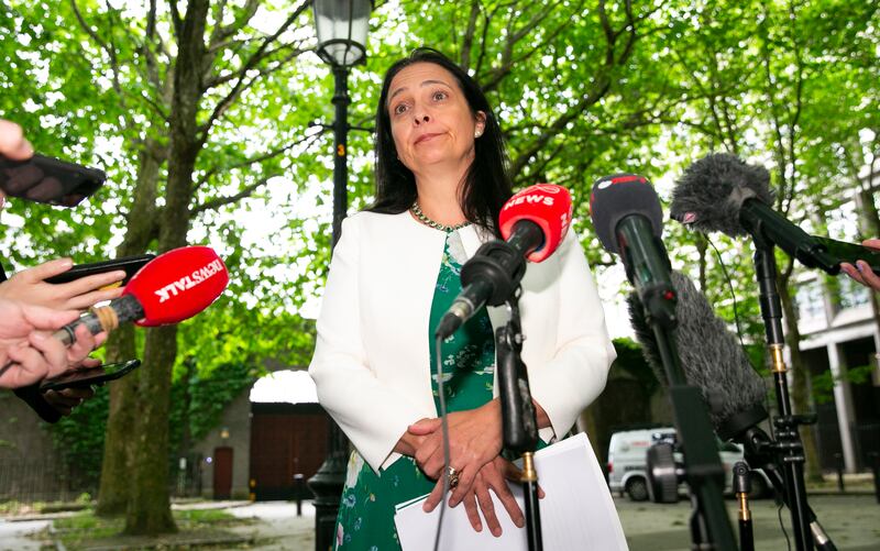 Minister for Tourism, Culture, Arts, Gaeltacht, Sport and Media, Catherine Martin TD during a media brieifng on matters pertaining to RTÉ opposite the Department of Media. Photograph: Gareth Chaney/Collins Photos