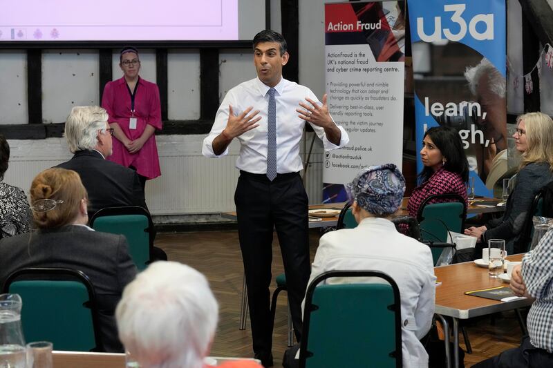 British prime minister Rishi Sunak speaks during a visit to a community group  in Amersham, England, this week. Photograph: Frank Augstein/Getty Images