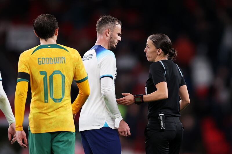 James Maddison in conversation with referee Stéphanie Frappart during England's friendly with Australia on Friday. Photograph: Ryan Pierse/Getty Images