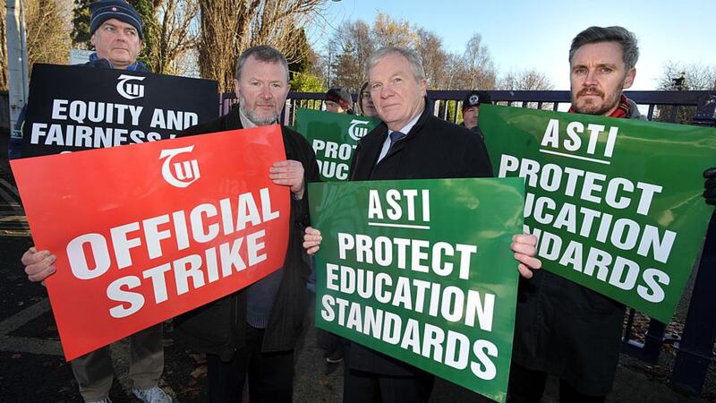 On the ASTI\TUI picket line today, left to right, John Mac Gabhann, General Secretary TUI and Pat King, General Secretary ASTI. Photograph: Tommy Clancy