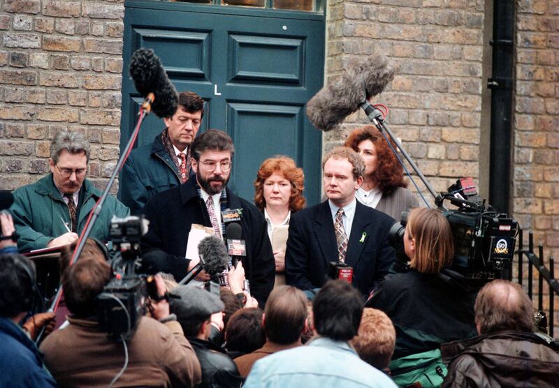 Leaving a meeting with the international body on decommissioning in 1995. Rita O'Hare, a Sinn Féin press officer at the time, is in the centre of the group, between Gerry Adams and Martin McGuinness. Photograph: Eamonn Farrell/RollingNews.ie