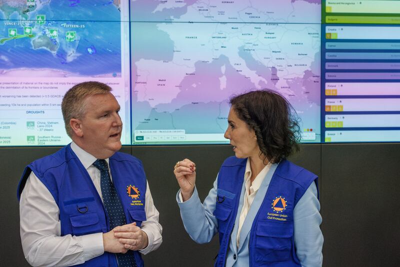 EU commissioner Michael McGrath and EU commissioner for preparedness and crisis management Hadja Lahbib at the European Emergency Response Coordination Centre (ERCC) in Brussels on Thursday. 