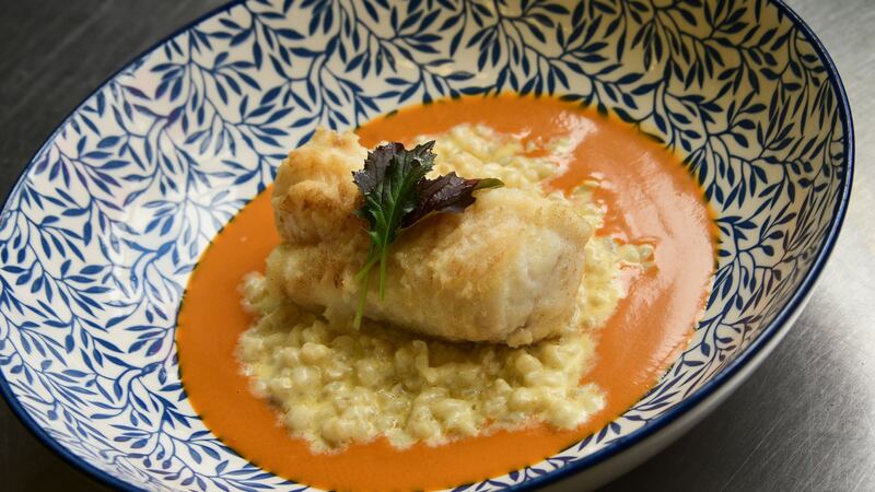 Baked monkfish, creamed pearl barley, lemongrass, chilli and coconut prawn bisque