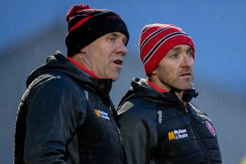 Feargal Logan and Brian Dooher at Healy Park, Omagh, in 2022. Photograph: Morgan Treacy/Inpho